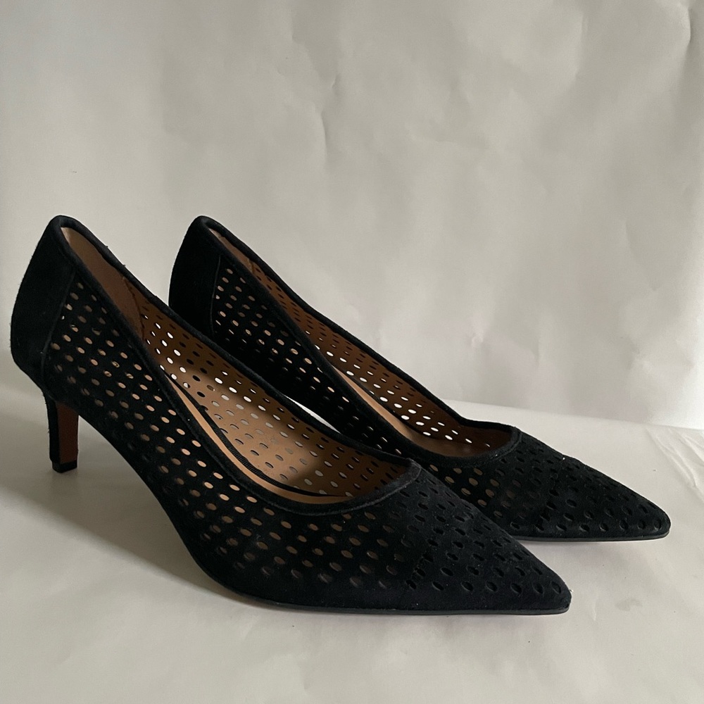 Franco Sarto black perforated suede heels.  Size 10. Never worn. New.